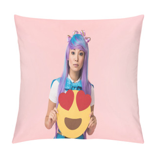 Personality  Anime Girl In Purple Wig Holding Infatuation Emoticon Isolated On Pink Pillow Covers