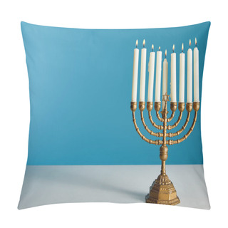 Personality  Burning Candles In Menorah Isolated On Blue Pillow Covers