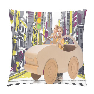 Personality  Brother And Sister Playing With Cardboard Car And Traffic Lights On Street In Drawn City Pillow Covers