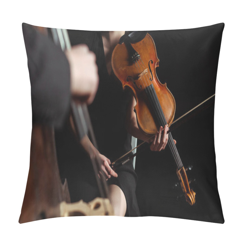 Personality  partial view of professional musicians playing on violin and double bass on dark stage, selective focus pillow covers