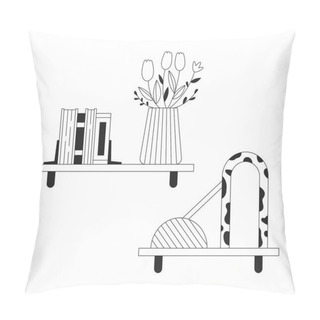 Personality  Books And Decorative Accessories On Shelves Black And White 2D Line Cartoon Objects Set. Racks In Home Decor Isolated Vector Outline Items Collection. Coziness Monochromatic Flat Spot Illustrations Pillow Covers