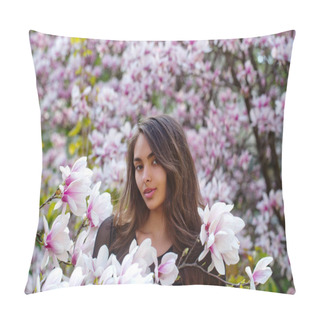 Personality  Woman With Long Hair Posing At Blossoming Magnolia Tree Pillow Covers