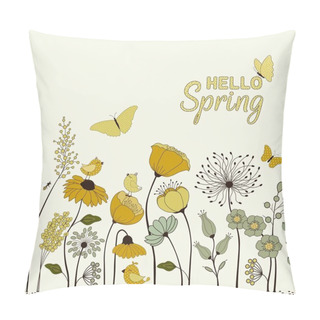 Personality  HELLO Spring. Floral Pattern With Bird And Butterflies Pillow Covers