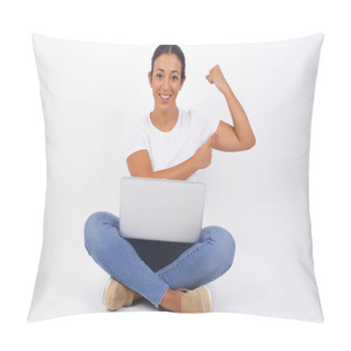 Personality  Waist Up Shot Of Blonde Woman Raises Hand To Show Her Muscles, Feels Confident In Victory, Looks Strong And Independent, Smiles Positively At Camera, Stands Against Gray Background. Sport Concept. Young Beautiful Arab Woman Using Laptop Computer Pillow Covers