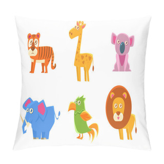 Personality  Collection Of Cute Exotic Animals, Tiger, Giraffe, Koala, Elephant, Parrot, Lion Vector Illustration Pillow Covers