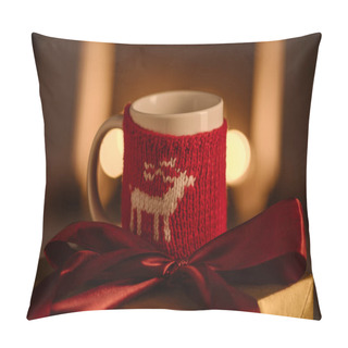 Personality  Present And Festive Knitted Mug With Deer On Blurred Background Pillow Covers
