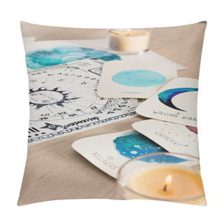 Personality  Selective Focus Of Watercolor Drawings With Moon Phases On Cards And Zodiac Signs On Wooden Table With Candles  Pillow Covers