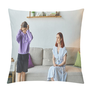 Personality  Offended Teenage Girl Covering Ears With Hands Near Upset Mother Sitting On Couch, Generation Gap Pillow Covers