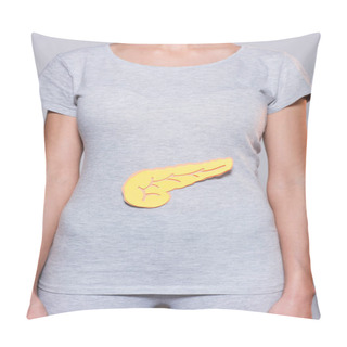 Personality  Partial View Of Woman With Paper Made Pancreas On Tshirt On Grey Backdrop Pillow Covers