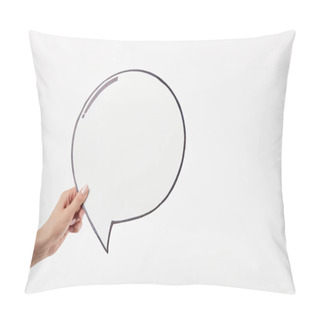 Personality  Cropped View Of Woman With Thought Bubble In Hand Isolated On White Pillow Covers