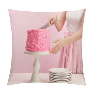 Personality  Cropped View Of Woman Holding Knife Near Pink Birthday Cake On Cake Stand Near Saucers On Pink Pillow Covers