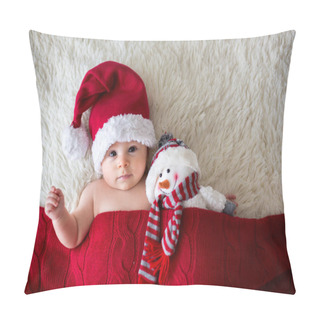 Personality  Christmas Portrait Of Cute Little Newborn Baby Boy, Wearing Santa Hat And Hugging Little Cute Snowman Toy, Studio Shot, Winter Time Pillow Covers