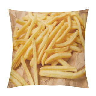 Personality  Close-up Shot Of Delicious French Fries Spilled Over Crumpled Paper Pillow Covers