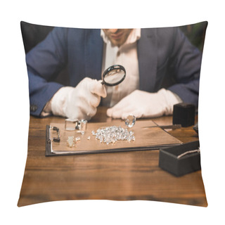 Personality  Cropped View Of Jewelry Appraiser Examining Gemstones On Board Near Jewelry On Table Isolated On Black  Pillow Covers