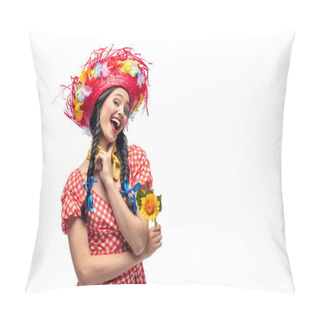Personality  Excited Girl In Festive Clothes And Straw Hat Touching Chin Isolated On White Pillow Covers