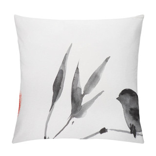 Personality  Japanese Painting With Bird On Branch And Sun On White Background Pillow Covers