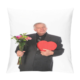 Personality  Valentines Day. A Man In A Nice Suit Has Fresh Flowers And A Hear Shaped Box Of Chocolates For A Valentine's Day Gift. Isolated On White. Room For Text. Clipping Path. Hearts Represent Love World Wide. Valentine's Day Is When People Give Gifts.  Pillow Covers