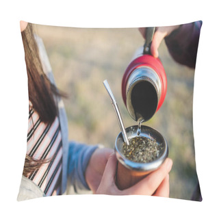 Personality  Two Unrecognizable Young Women Friends Serving And Drinking Yerba Mate In The Country Side At Sunset. High Quality Photo Pillow Covers