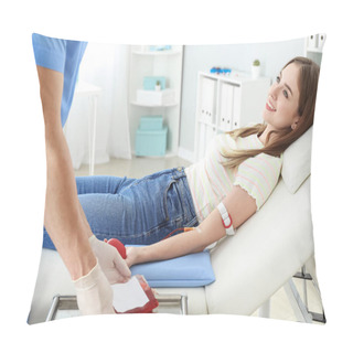 Personality  Woman Donating Blood In Hospital Pillow Covers