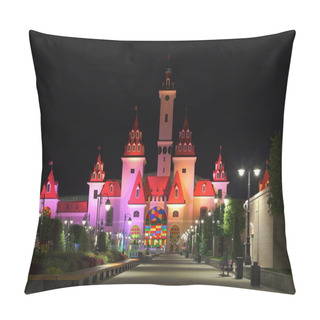 Personality  Moscow / Russia  09 02 2020: Main Alley Of Fairytale Family Children's Park Island Of Dreams On Summer Night In Kozhukhovo District, A Magic Castle With Towers, Favorite Vacation Spot For Muscovites Pillow Covers