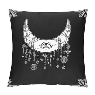 Personality  Magic Horn A Crescent, Moon In Armor. Eye Of Providence. Indian Motives, Boho Design. The White Drawing Isolated On A Black Background. Decorative Frame. Vector Illustration. Pillow Covers