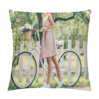 Personality  Cropped Shot Of Stylish Woman In Dress With Retro Bicycle With Wicker Basket Full Of Flowers At Countryside Pillow Covers