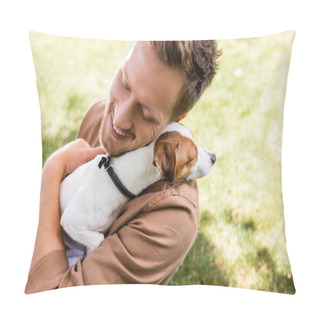 Personality  High Angle View Of Young Man With Closed Eyes Holding White Jack Russell Terrier Dog With Brown Spots On Head Pillow Covers