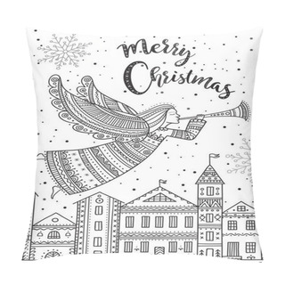 Personality  Merry Christmas Angel With Horn  Flying Above Night City Pillow Covers