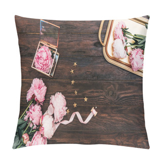 Personality  Beautiful Peonies With Metal Tray On Dark Wooden Table Pillow Covers