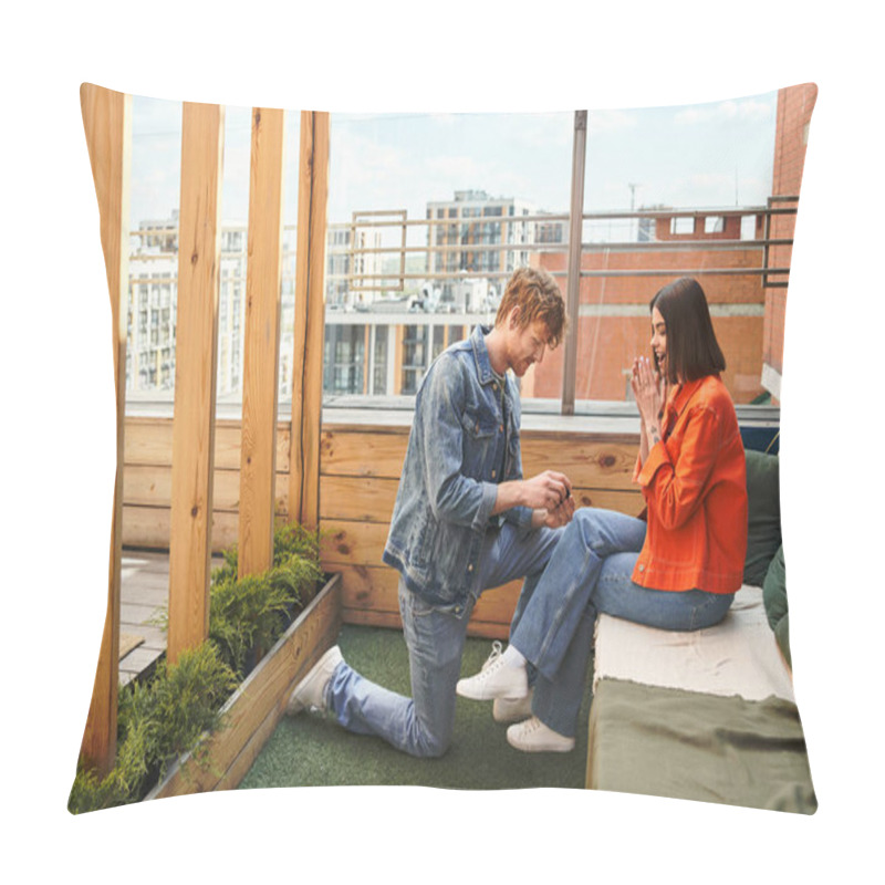 Personality  A Man On One Knee Holding A Ring, Proposing To His Surprised Partner Against A City Backdrop Pillow Covers