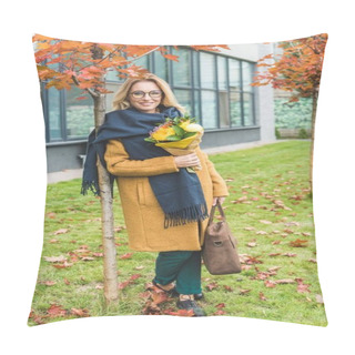 Personality  Stylish Woman With Flowers In Autumn Park Pillow Covers