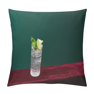 Personality  High Angle View Of Mojito With Ice, Mint And Lime In Collins Glass Isolated On Green Pillow Covers