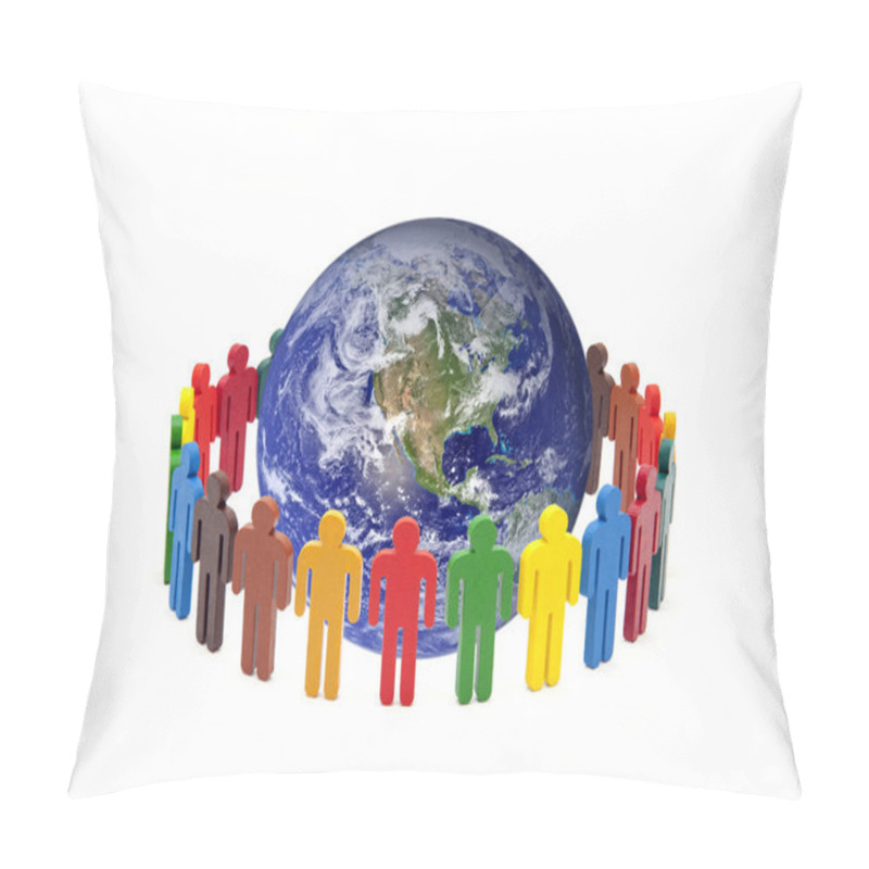 Personality  Circle of colourful people around the globe on white background. Earth photo provided by Nasa.  pillow covers