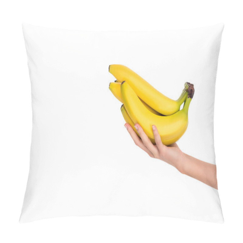 Personality  close-up partial view of woman holding fresh ripe bananas isolated on white pillow covers