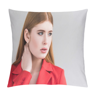 Personality  Portrait Of Young Female Fashion Model With Earrings In Jacket Isolated On Grey Pillow Covers