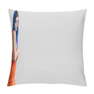 Personality  Fashion Forward, Young Woman With Blue Hair Looking At Camera In Colorful Clothes On Grey Background, Individualism, Modern Style, Urban Fashion, Vibrant Color, Female Model, Banner  Pillow Covers