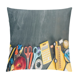 Personality  Top View Of Ripe Apple, Calculator And School Supplies On Black Chalkboard With Copy Space Pillow Covers
