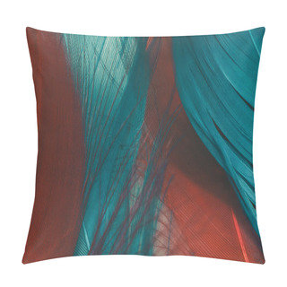 Personality  Close Up Beautiful Red And Aqua Menthe Bird Feather Pattern Background For Design Texture. Macro Photography View.  Pillow Covers