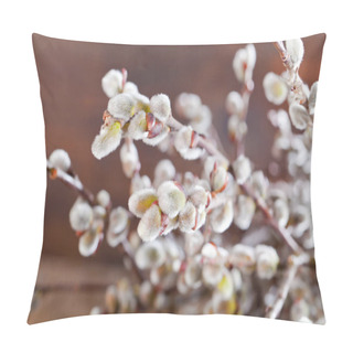 Personality  Easter Greeting Card With Pussy Willow Bunch Over Wooden Background. Pillow Covers