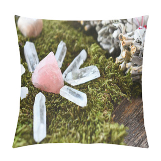 Personality  A Close Up Image Of A Rose Quartz Healing Crystal Grid On Green Moss With White Sage Smudge Sticks.  Pillow Covers