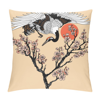 Personality  Japanese Crane With Branch Of Blooming Sakura And Red Sun. Flying Bird And Cherry Tree Flowers Blossom. Tattoo. Vector Illustration Pillow Covers