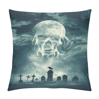 Personality  Scary Moon And Clouds Shaped As Human Skull In The Sky Above A Creepy Old Graveyard, Horror And Halloween Concept Pillow Covers
