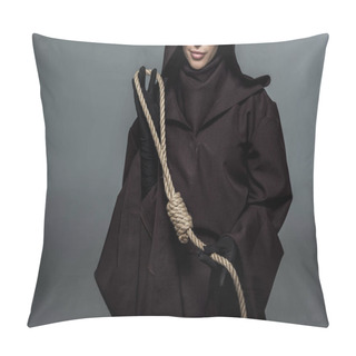 Personality  Cropped View Of Woman In Death Costume Holding Hanging Noose Isolated On Grey Pillow Covers