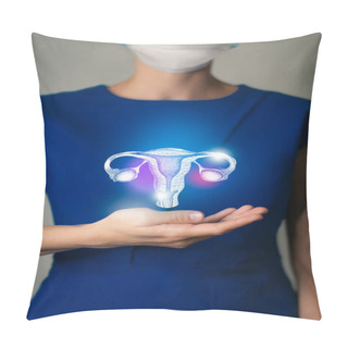 Personality  Woman In Blue Clothes Holding Virtual Uterus In Hand. Handrawn Human Organ, Detox And Healthcare, Healthcare Hospital Service Concept Stock Photo Pillow Covers