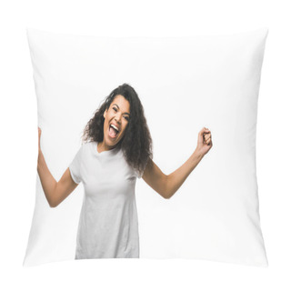 Personality  Positive African American Woman Celebrating And Gesturing Isolated On White  Pillow Covers