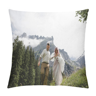 Personality  Beautiful Young Bride And Groom Holding Hands And Walking On Green Mountain Meadow In  Alps Pillow Covers