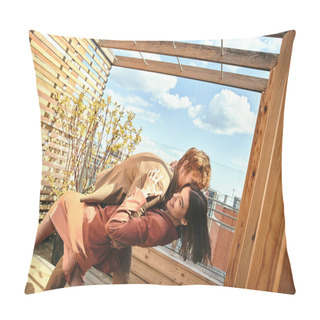Personality  A Man And A Woman Peacefully Embrace On A Wooden Deck Overlooking Nature, Their Silhouettes Blending With The Warm Sunset Glow Pillow Covers