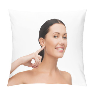 Personality  Young Calm Woman Pointing To Her Ear Pillow Covers