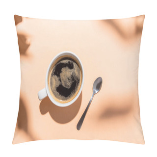 Personality  Top View Of Coffee Cup And Teaspoon On Beige With Shadows Pillow Covers