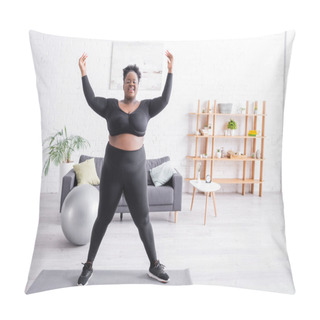 Personality  Full Length Of Cheerful African American Plus Size Woman In Sportswear Training On Fitness Mat  Pillow Covers
